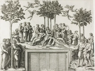 Apollo auf dem Parnass, umgeben von den Musen und Dichtern