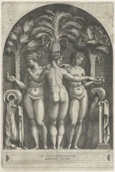 Drei Grazien stehend in einer Nische vor drei Palmen und flankiert von Krügen, aus denen Wasser fließt