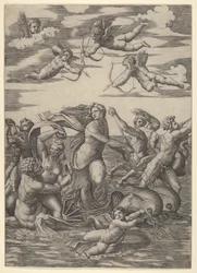 Galatea steht in einem Wasserwagen, gezogen von zwei Delfinen, umgeben von Tritonen, Nereiden..., 1515-16