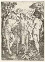 Junge Frau mit Blätterkranz zwischen altem Mann mit Stock und jungem Mann mit Drache und Kind