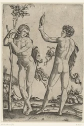 Nackter Mann, der sich gegen einen Baum lehnt, und nackter Mann mit Spiegel und zwei Schlangen