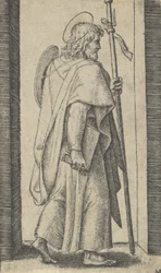 Heiliger Jakobus der Ältere, Buch in seiner rechten Hand, Stab in seiner linken, ca. 1500-1527