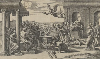 Das Martyrium der heiligen Cäcilia, die nackt in einem großen Kessel steht, links unter..., ca. 1520-25