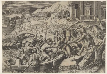 Die Entführung der Helena, Kampfszene an einem Ufer mit zwei Männern, die Helena in ein Boot ziehen, ca. 1520-27