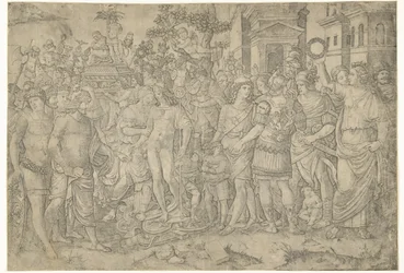 Triumphzug eines römischen Kaisers mit Soldaten und erbeuteten Rüstungen