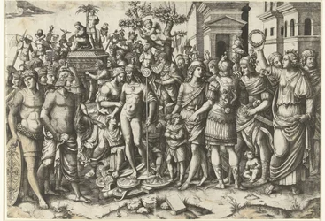 Triumphzug eines römischen Kaisers mit Soldaten und erbeuteten Rüstungen