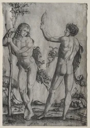 Zwei nackte Männer neben einem Baum