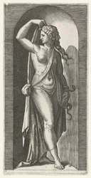 Frau als Personifikation der Vorsicht (Prudentia) mit Schlange und Maske, Sieben Tugenden (Serientitel)