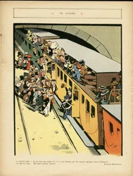 Illustration von Marcel Capy (1865-1941) in Le Rire, 03/09/10 - Der Satyr - Architektur Stadtplanung, Zug Eisenbahn, Brücke