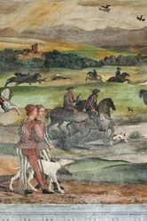 Jagdszene, Detail des Besuchs von Christian I. von Dänemark bei Bartolomeo Colleoni, Ehrensaal