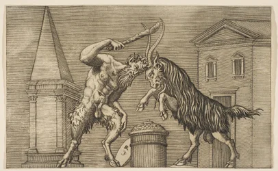 Ein Satyr und ein Widder greifen sich gegenseitig an, der Satyr schwingt einen Knüppel mit seiner rechten Hand, ca. 1515-27