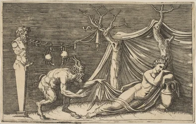 Ein Satyr entdeckt eine schlafende Frau, zwei Krebse hängen an einem Seil, das gespannt ist..., ca. 1515-27