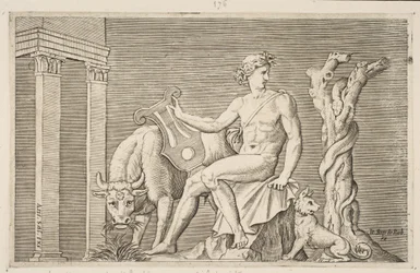 Apollo hütet die Herden des Admetus, Apollo sitzend mit einer Lyra