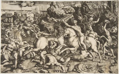 Kampfszene in einer Landschaft mit Soldaten zu Pferd und mehreren gefallenen Männern, ca. 1520