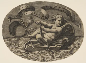 Eros flieht übers Meer und benutzt seinen Bogen, um ein Boot aus seinem Köcher mit einem Pfeil anzutreiben..., ca. 1515-27