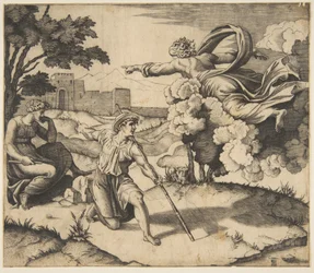 Gott erscheint Isaak, Gott schwebt in den Wolken und zeigt auf Rebekka, die unter..., ca. 1515-27
