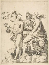 Juno, Ceres und Psyche unterhalten sich in den Wolken, Juno sitzt mit einem Pfau zu ihren..., um 1515-27