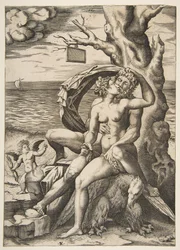 Jupiter und Semele umarmend, ein Adler unter ihnen, ein Baum rechts