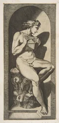 Olympus nackt, auf einem Baumstumpf sitzend und Pfeifen haltend, in einer Nische, ca. 1515-27