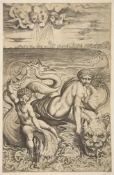Venus und Amor reiten auf zwei Seemonstern, Amor hebt einen Pfeil in seiner rechten Hand, ca. 1515-27