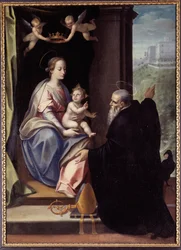 Der heilige Benedikt übergibt das Kloster Montecassino an Jesus und Maria, Gemälde von Marco Mazzaroppi