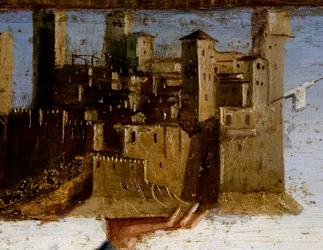 Thronende Madonna und Heilige, Detail der Predella von St. Adrian von Marco Palmezzano, Kirche von St. Franziskus, Matelica, Marken, Italien (Detail)