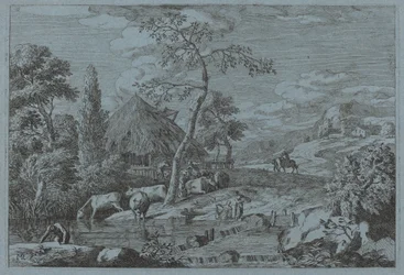 Vieh und Figuren an einem Bauernhofbach