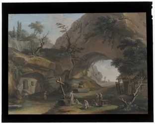 Gebirgige Landschaft mit Mönchen