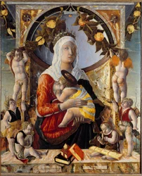 Jungfrau und Kind umgeben von 8 Engeln. Gemälde von Marco Zoppo (1433-1478)