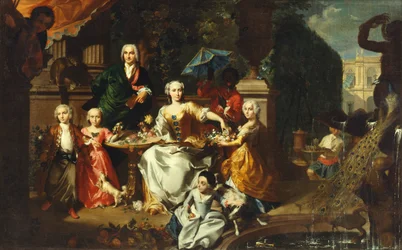 Eine Familiengruppe auf einer Terrasse im Garten einer Villa. Möglicherweise der englische Geschäftsmann George Jackson und seine Familie