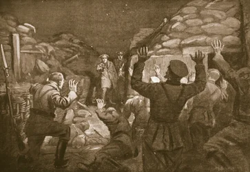 Ein deutscher Offizier und vierzehn seiner Männer bitten Leutnant Leach um Gnade