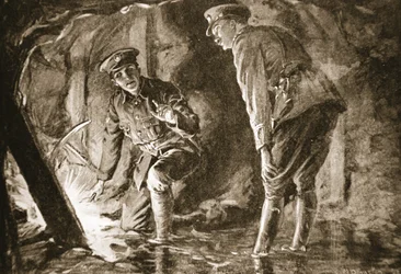 Lance-Corporal Evason und ein Offizier hören Deutschen in einem Gegenstollen zu