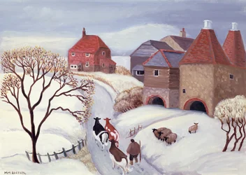 Kühe im Schnee nach Hause treiben