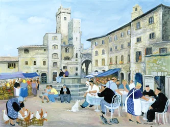 Mittagessen auf einem Marktplatz in der Toskana
