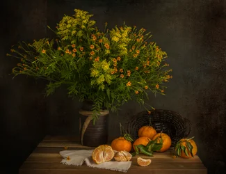 Mandarinen und Herbstblumen