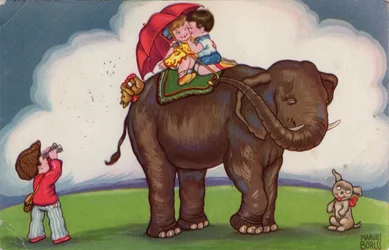 Kinder reiten auf einem Elefanten, 1932