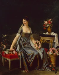 Porträt einer Dame, umgeben von Blumen und Vögeln, ca. 1800