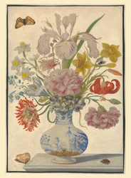 Chinesische Vase mit Iris, Lilien und Nelken. Auf dem Tisch links ein Schmetterling, rechts ein Maikäfer