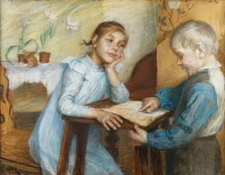 Ein Innenraum mit einem Jungen, der einem Mädchen vorliest, 1912