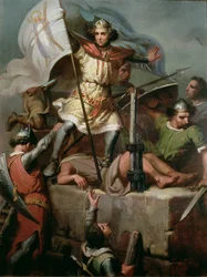 Graf Berenguer III. hisst das Banner von Barcelona auf dem Turm der Burg Foix