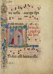 Manuskriptblatt mit der Einweihung einer Kirche in einem Initial T, aus einem Graduale, zweite Hälfte des 15. Jahrhunderts
