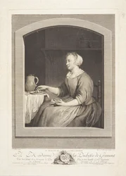 Eine holländische Frau isst Frühstück, durch ein Fenster gesehen