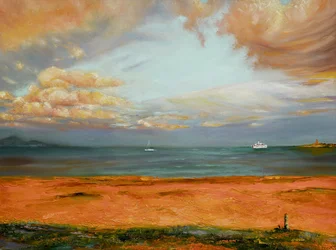 Meereslandschaft mit orangefarbenem Himmel