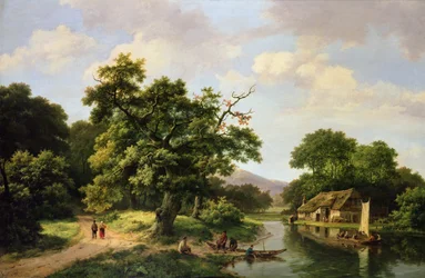 Bewaldete Flusslandschaft mit Bauern, die eine Fähre entladen
