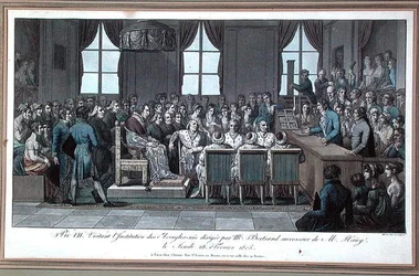 Papst Pius VII. besucht die Institution des Aveugles-nes (Institution für Blinde) in Paris, geleitet von Herrn Bertrand, Nachfolger von Valentin Hauy (1745-1822), 28. Februar 1805