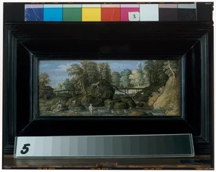 Landschaft mit Wassermühle, Brücke über einen Fluss und Fischer im Vordergrund