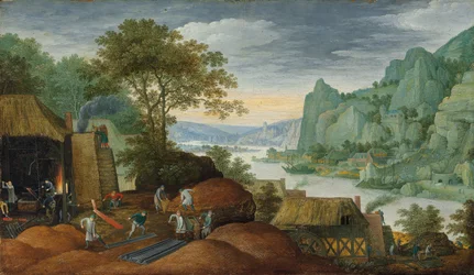 Eine felsige Landschaft mit Figuren bei einer Eisenhütte, einem Fluss und Häusern am Ufer dahinter
