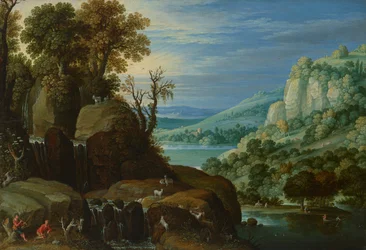 Weitläufige Flusslandschaft mit Ziegenhirten, die neben einem Wasserfall Flöte spielen, mit Blick auf einen See und eine Stadt im Hintergrund