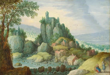 Panorama-Landschaft mit einem Fluss, Schloss auf einem Felsvorsprung und Wassermühle darunter