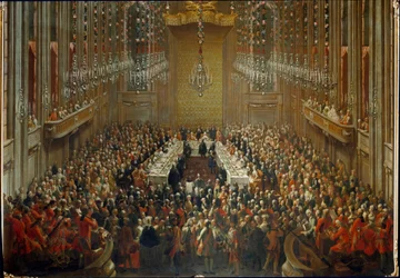 Bankett anlässlich der Hochzeit von Kaiser Joseph II. und Isabella von Parma am 6.10.1760. Mit Mozart im Orchester